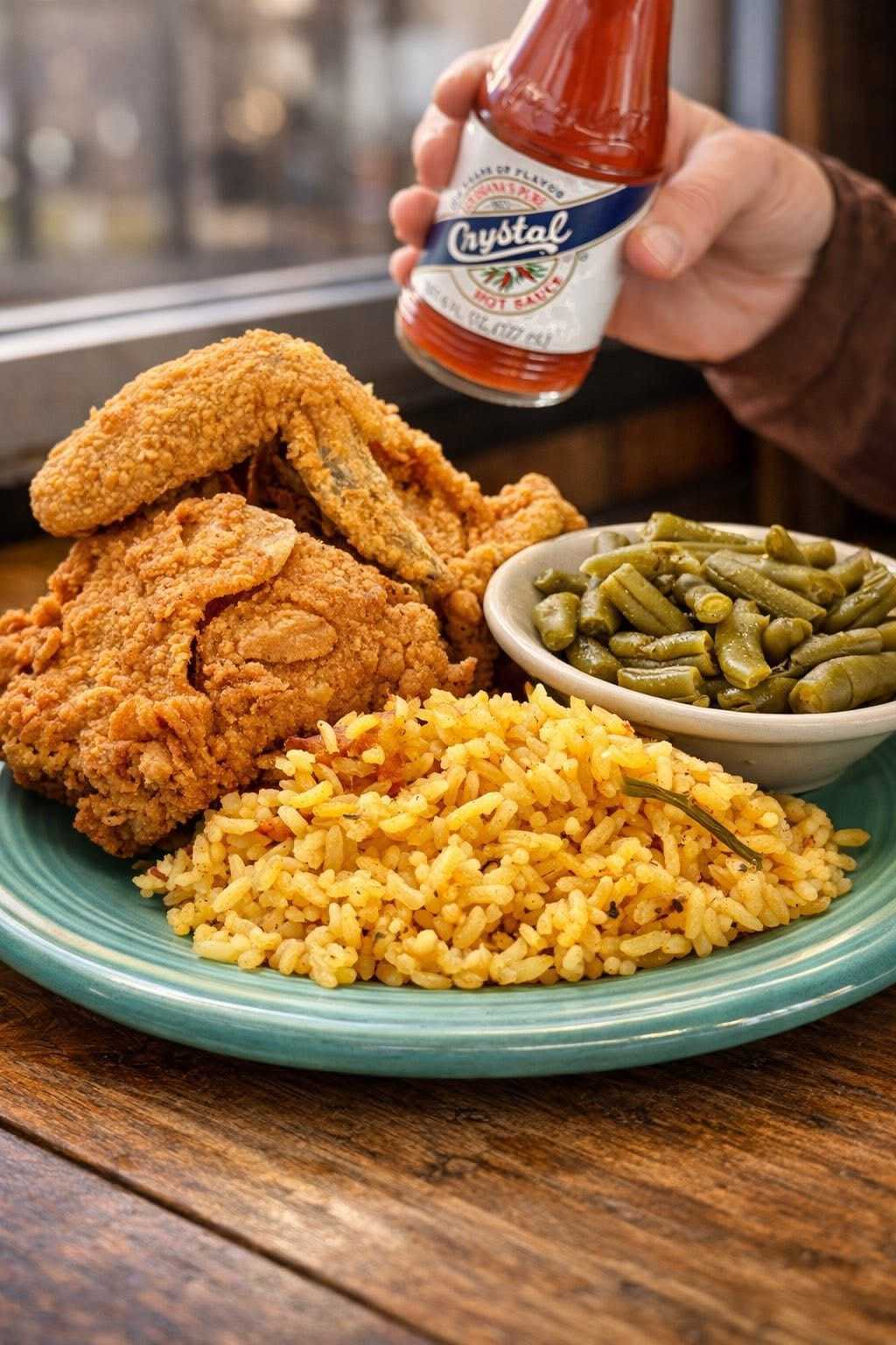 Plate with fried chicken, yellow rice, green beans, and a hand holding hot sauce bottle.
